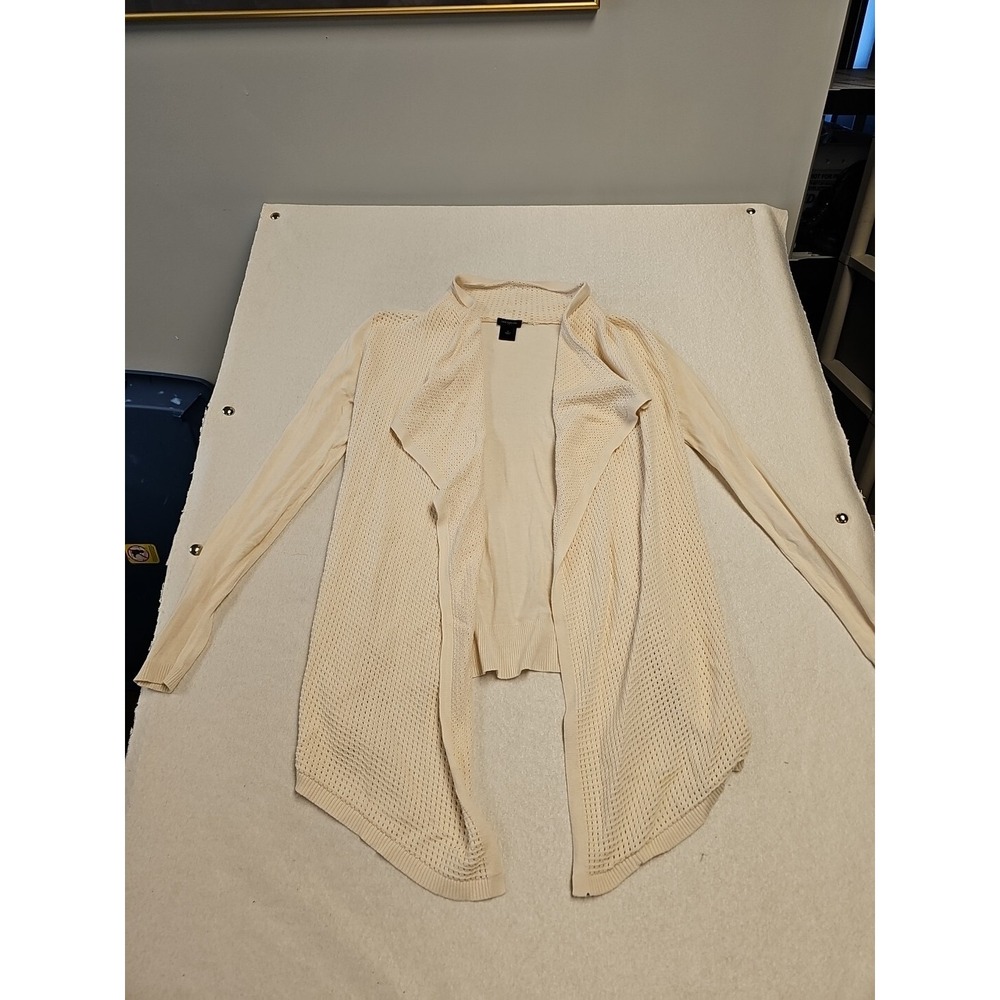 Ann Taylor Cream Open Front Pointelle Knit Draped Cardigan Sweater Small Cotton